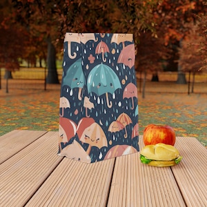 Roll Top Lunch Bag -Kawaii Rainy Day Umbrellas Design - Insulated Lunch Cooler with Magnetic Closure