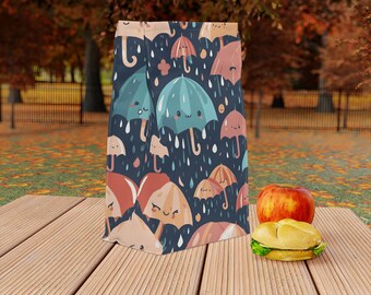 Roll Top Lunch Bag -Kawaii Rainy Day Umbrellas Design - Insulated Lunch Cooler with Magnetic Closure