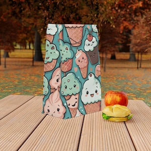 Roll Top Lunch Bag - Kawaii Ice Cream Cones Design - Insulated Lunch Cooler with Magnetic Closure