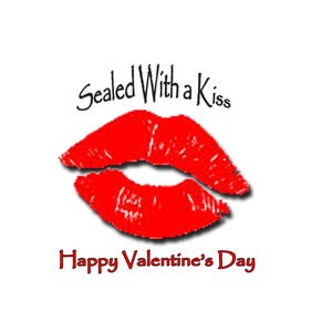 以下が含まれることがあります： 白い背景に「Sealed With a Kiss」と「Happy Valentine's Day」のテキストが書かれた赤い唇。