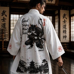 May include: A white kimono-style jacket featuring a graphic print on the back of a black cat dressed in samurai armor holding a sword. The text "God Slaying Miaw Slash" is printed above the cat, with a landscape scene of a temple at the bottom.