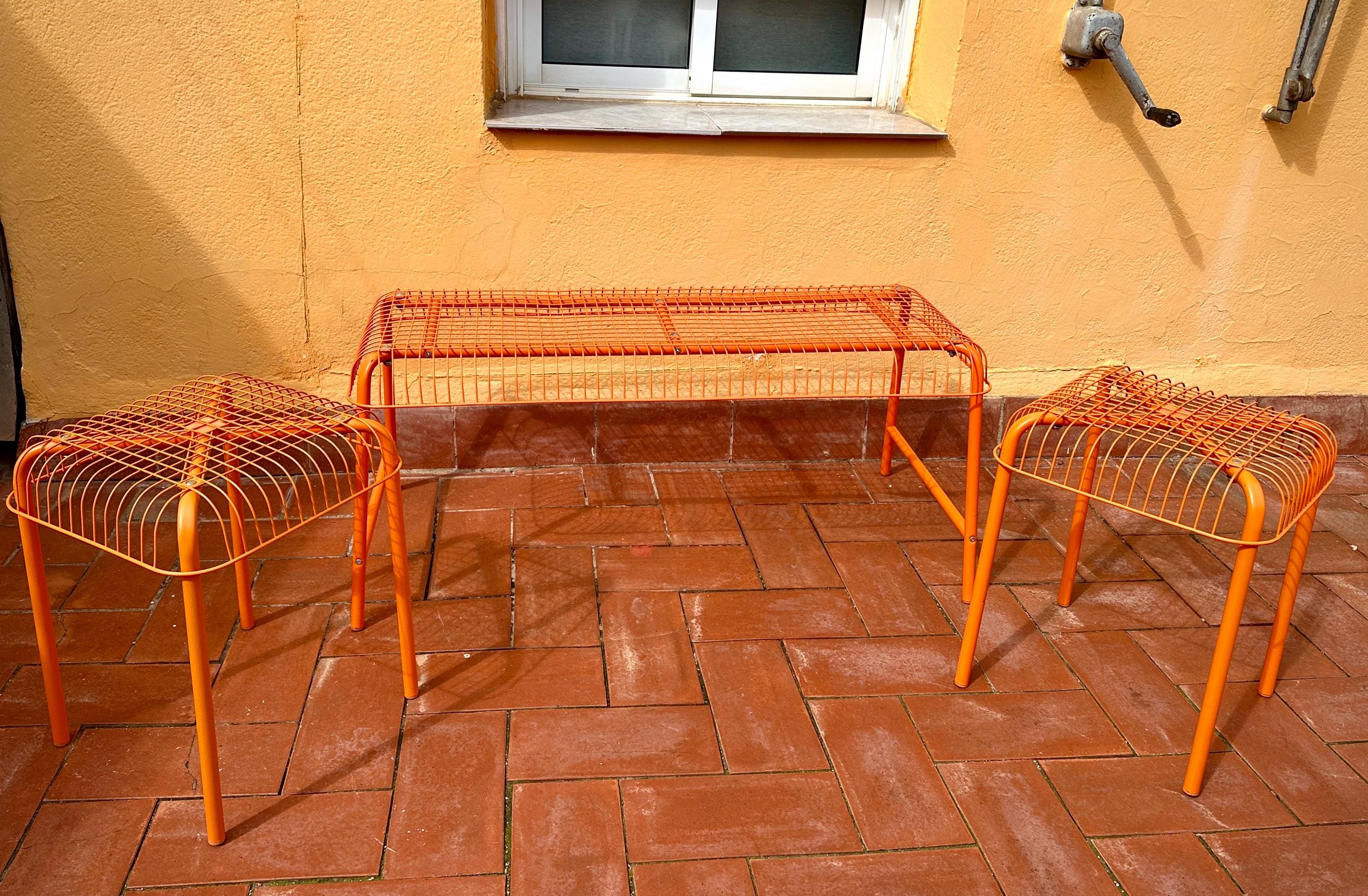 IKEA PS 2014 Västerön Orange Metal Bench + 2 Stools Set – Imma
