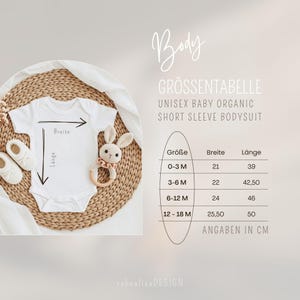 May include: Size chart for a unisex baby organic short sleeve bodysuit. The chart shows sizes from 0-3 months to 12-18 months with corresponding width and length measurements in centimeters.
