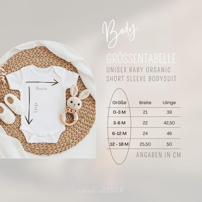 May include: Size chart for a unisex baby organic short sleeve bodysuit. The chart shows sizes from 0-3 months to 12-18 months with corresponding width and length measurements in centimeters.