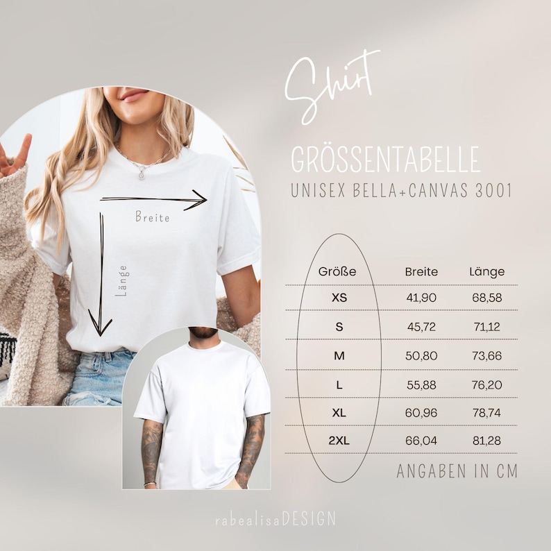 May include: Size chart for unisex Bella + Canvas 3001 t-shirts. The chart shows sizes XS through 2XL with corresponding width and length measurements in centimeters.