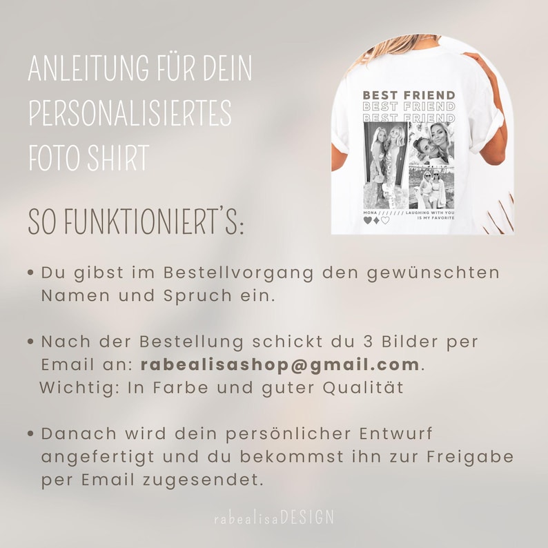 May include: Instructions for creating a personalized photo t-shirt. The image shows a white t-shirt with the text "Best Friend" repeated three times in a retro style font. The text is in black and the t-shirt is decorated with photos of three friends. The text below the photos reads "Nora, Lauren, and Megan.  Laughing with you is my favorite."