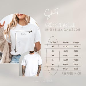 May include: Size chart for unisex Bella + Canvas 3001 t-shirts. The chart shows sizes XS through 2XL with corresponding width and length measurements in centimeters.