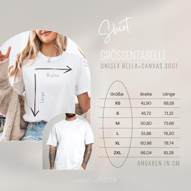 May include: Size chart for unisex Bella + Canvas 3001 t-shirts. The chart shows sizes XS through 2XL with corresponding width and length measurements in centimeters.