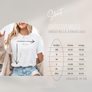 May include: Size chart for a unisex Bella + Canvas 3001 t-shirt. The chart shows the size, width, and length in centimeters. The sizes are XS, S, M, L, XL, and 2XL.