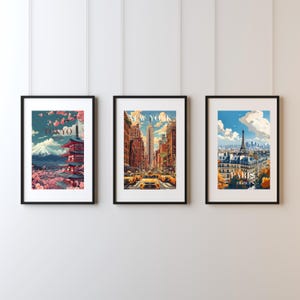 Lot de 5 affiche rétro de villes - Impression numérique ville - affiche de paysage urbain - cadeau fan voyage