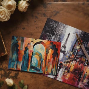 X4 - Carte postale ou Affiche murale de voyage｜Travel city poster en peinture sur toile｜Série de carte de voeux à offrir Paris, New York etc