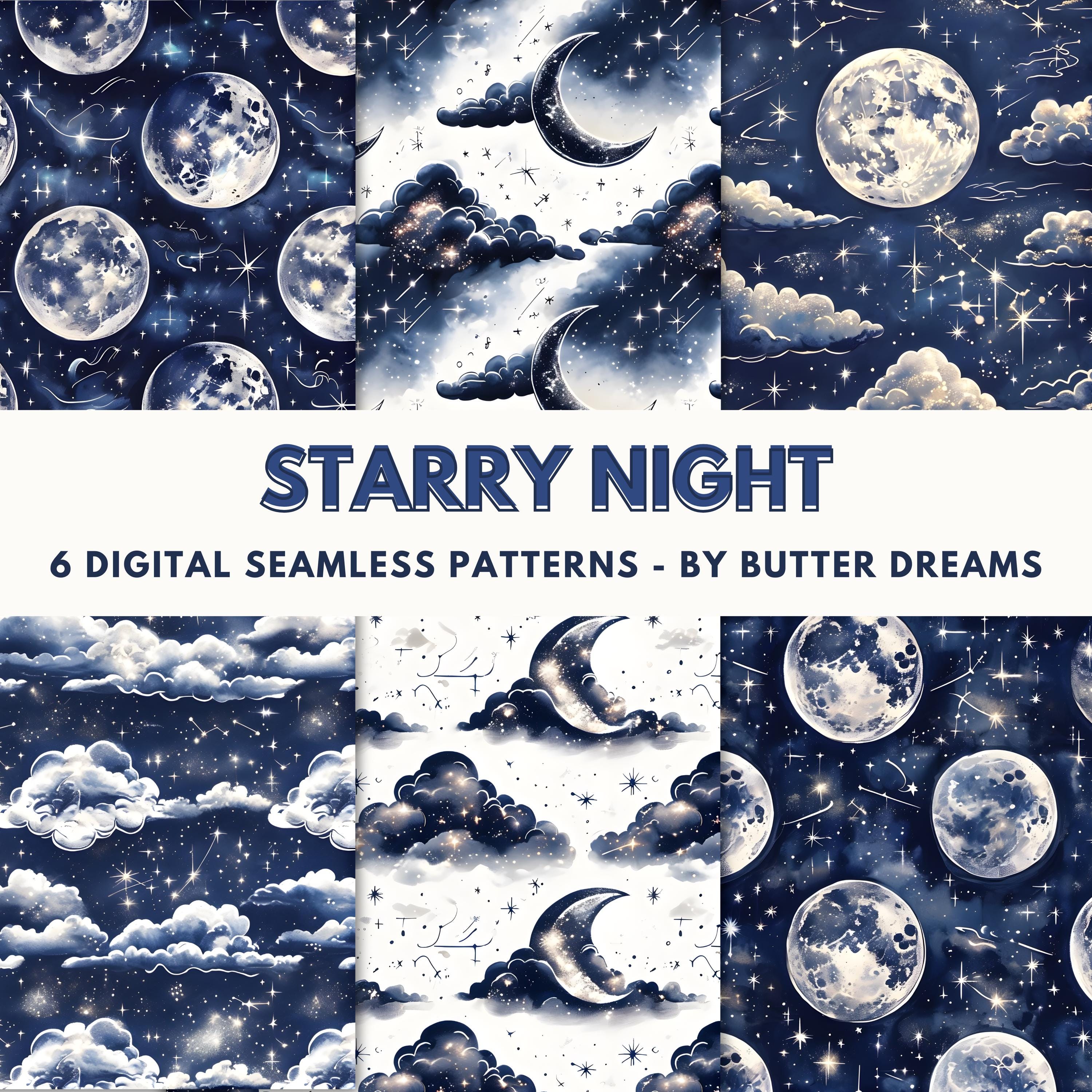 Starry Night Sky Seamless Pattern - Celestial Moon and Stars Digital ...