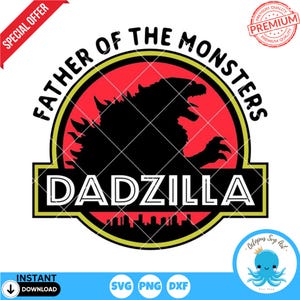 May include: A red, yellow, and black graphic design with the text "Father of the Monsters Dadzilla". The graphic features a silhouette of a Godzilla-like monster.