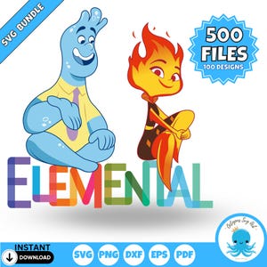 Puede incluir: Una ilustración digital de dos personajes de dibujos animados, un personaje de agua azul y un personaje de fuego rojo, sentados encima de la palabra "ELEMENTAL" en colores arcoíris. El texto "500 ARCHIVOS 100 DISEÑOS" está en un círculo azul en la esquina superior derecha de la imagen.