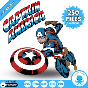 Pacchetto SVG di Captain America / File di taglio dei supereroi per Cricut e Silhouette / Download digitale di Captain America Birthday Svg Png Dxf Eps