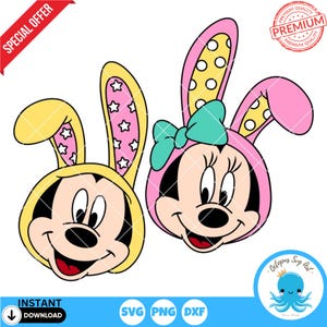 Easter Bunny Mickey & Minnie SVG | Cute Mouse Ears PNG | Easter Egg Svg | Sublimation and POD Clipart | Cricut - Silhouette Easter Cut File