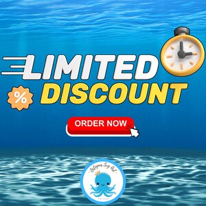 以下が含まれることがあります： 「LIMITED DISCOUNT」というテキストと「ORDER NOW」と書かれた赤いボタンが書かれた青と黄色のグラフィック。右上に黄色い文字盤と黒い針のタイマーがあります。グラフィックは水のように見える青い背景に設定されています。