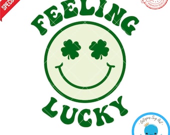 May include: Green and white digital design featuring a smiley face with shamrock eyes and the text "Feeling Lucky" in a retro font.