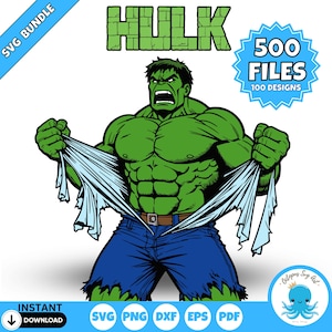 Puede incluir: Personaje verde de Hulk rasgando su camisa, revelando su cuerpo musculoso y sus jeans azules. La imagen es parte de un paquete de 500 archivos SVG con 100 diseños.