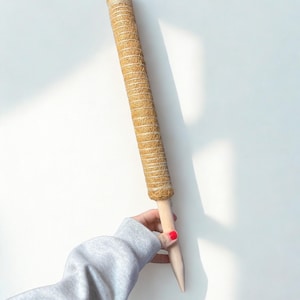 Puede incluir: Un poste de soporte para plantas cilíndrico con una base de estaca de madera. El poste está envuelto en un material texturizado de color marrón claro con rayas blancas horizontales. La estaca es de madera clara.