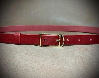 Handmade Burgundy Leather Belt: Custom Fit Gold Buckle, Elegant Women's Accessory