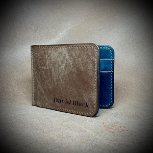 Carteira de couro personalizada com prendedor de dinheiro, presente para ele, couro italiano que envelhece lindamente, dois tons de marrom e azul, gravação personalizada