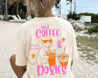 Funny Dachshund Drinking Iced Coffee Shirt: Iced Coffee and Doxies Summer Vibes Tee, Wiener Dog Beach Shirt