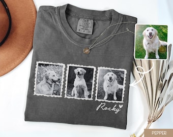 Custom Pet Photo and Name Shirt: Personalized Dog Portrait Stamp Tee, Mother's Day Gift for Dog Mom, Pet Loss Keepsake Gift