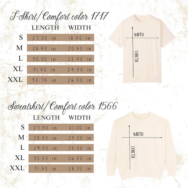 May include: Cream-coloured t-shirt and sweatshirt with size charts. The t-shirt chart shows lengths from 68.58 to 83.19 cm and widths from 46.99 to 67.31 cm. The sweatshirt chart shows lengths from 69.85 to 80.01 cm and widths from 53.34 to 71.12 cm.