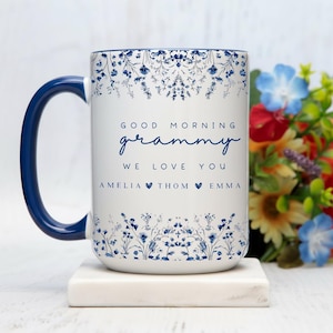 Personalized Grandma Mug with Grandkids Names: Custom Floral Coffee Cup, Promoted to Grammy Est 2026 Gift