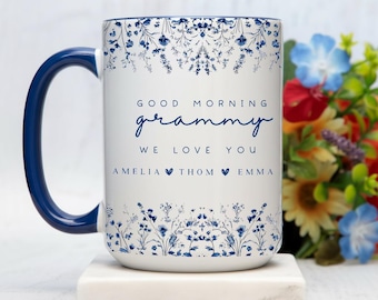 Personalized Grandma Mug with Grandkids Names: Custom Floral Coffee Cup, Promoted to Grammy Est 2026 Gift