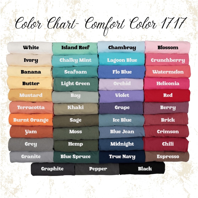 May include: A colour chart showing folded fabric swatches in a range of hues. The chart includes colours such as white, blue, pink, green, and orange, each labelled with a name.