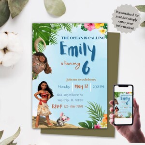 Personalized Disney Girls Moana Birthday Invitation, Editable Digital Kids Invitation, Moana Girls Party Cute Birthday Invite
