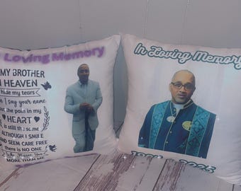 May include: Two white pillowcases with black text that reads "In Loving Memory" and a photo of a man on each. The pillowcase on the left has a poem about a brother in heaven. The pillowcase on the right has the years 1951 and 2023 printed below the photo.