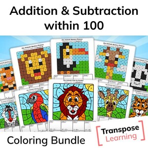 May include: A set of printable coloring pages featuring zoo animals. Each page includes a grid with numbers and a corresponding addition or subtraction problem. The completed coloring pages reveal a lion, giraffe, parrot, monkey, and tiger.