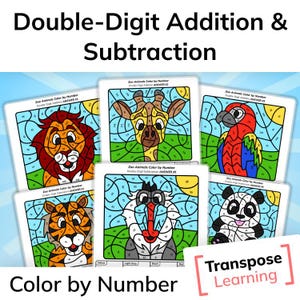 Tvåsiffrig addition och subtraktion | Matematik med djurparksdjur, färglägg efter nummer