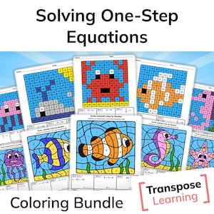 May include: A set of printable colouring pages featuring ocean animals. Each page includes a grid with numbers and a one-step equation to solve. The completed colouring pages feature a jellyfish, a clownfish, a seahorse, and a starfish.