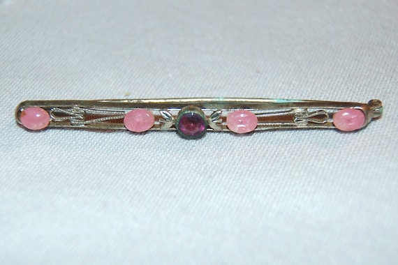 Victorian Antique vintage bar pin with clear small rhinestones and open metal work in sterling silver and a 'c' clasp