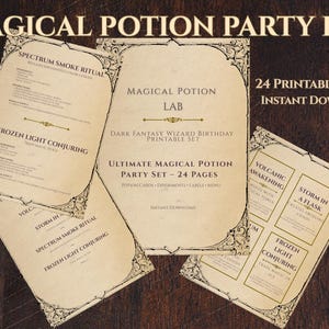 May include: A collection of printable pages for a magical potion party kit. The pages feature ornate borders and text such as "Magical Potion Lab" and "Ultimate Magical Potion Party Set - 24 Pages". The kit includes potion cards, experiments, labels, and a menu.