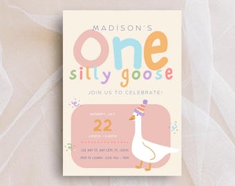 Een domme gans afdrukbare verjaardagsuitnodiging, bewerkbare 1e verjaardagsuitnodiging, Silly Goose afdrukbare eerste verjaardag babyuitnodigingssjabloon