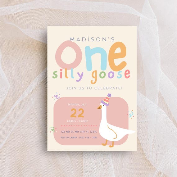 One silly goose Birthday Printable Invitation, Editable 1st Birthday Invite, Silly Goose Printable First Birthday Baby Invitation Template