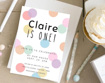 Kleur polkadots afdrukbare verjaardagsuitnodiging, bewerkbare polkadot verjaardagsuitnodiging, kleur stippen afdrukbare verjaardag baby polkadot verjaardagsuitnodiging