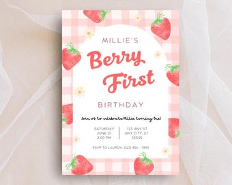 Berry eerste afdrukbare verjaardagsuitnodiging, bewerkbare 1e verjaardag meisje uitnodigt, afdrukbare aardbei eerste verjaardag meisje uitnodigingssjabloon