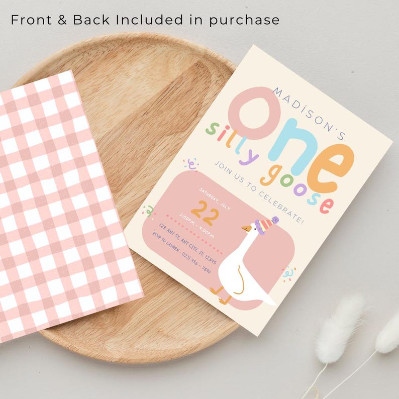 Pu&ograve; includere: Un biglietto a quadri rosa e bianco con un invito colorato per un primo compleanno. L'invito dice "Madison's One Silly Goose" e include un'oca dei cartoni animati con un cappello. La data della festa &egrave; sabato 22 luglio.