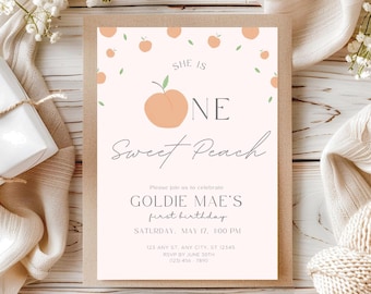 One Sweet Peach verjaardagsuitnodiging afdrukbare, bewerkbare One Sweet Peach verjaardagsuitnodiging, Sweet Peach uitnodiging, sjabloon eerste verjaardagsuitnodiging