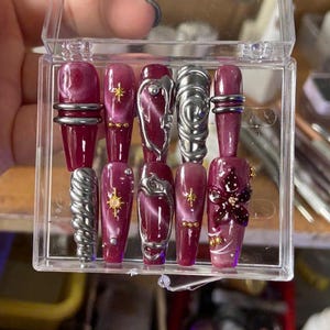 Pink Chrome Press On Nails, 3D Flower Nails, Silver Metallic Nails, Y2K Glam Press Ons, Stiletto Nails, Handmade Reusable Nails