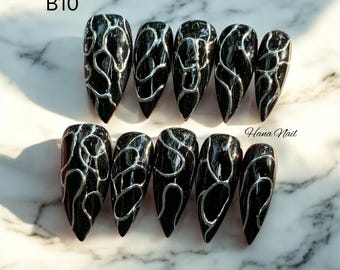 Black Chrome 3D Press On Nails, Edgy Silver Wire Nail Art, Gothic Stiletto Nails, Alternative Aesthetic, Handmade Reusable Fake Nails