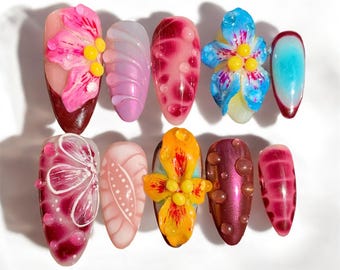 3D Tropical Flower Press On Nails - Handmade Hawaiian Floral Nails - Y2K Vibrant Summer Nails - Glossy Ombre Almond Nails - Exotic Botanical
