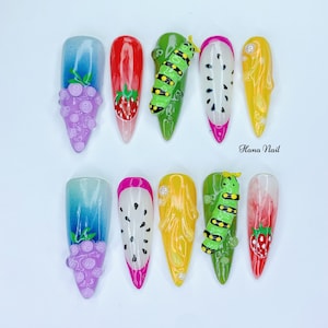Fruit Nails with 3D Grape, Caterpillar & Strawberry – Summer Cute Press On Nails – Handmade Y2K Glossy Fake Nails – Colorful Stiletto Nail