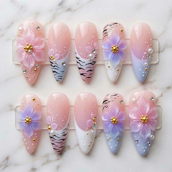 Pastel Pink Lavender 3D Flower Press On Nails, Zebra French Tip Nails, Handmade Floral Nails, Pearl Rhinestone Fake Nails, Cute Spring Summe